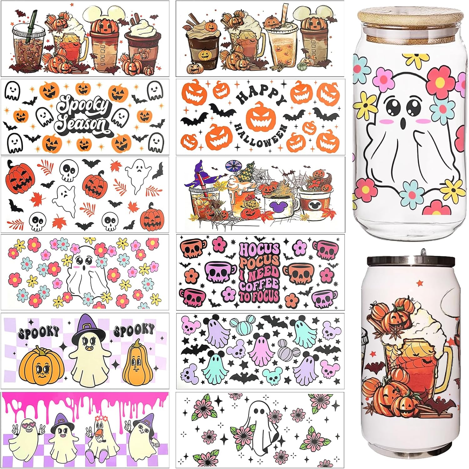 Envoltura de taza DTF UV para Halloween, 12 hojas de calcomanías de transferencia impresas de calabaza de Halloween para UV DTF, calcomanías de