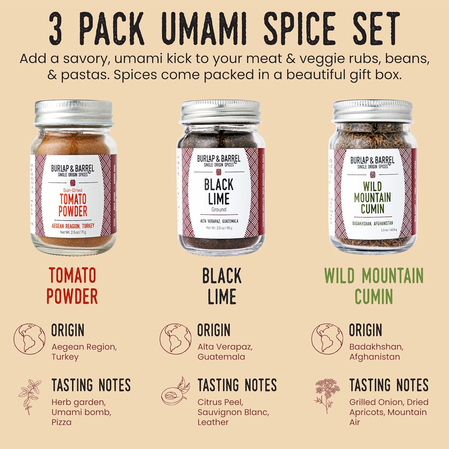 Burlap & Barrel Juego de especias de origen único para tacos  Como se ve en Shark Tank! Comino de montaña salvaje, tomate secado al sol, lima negra
