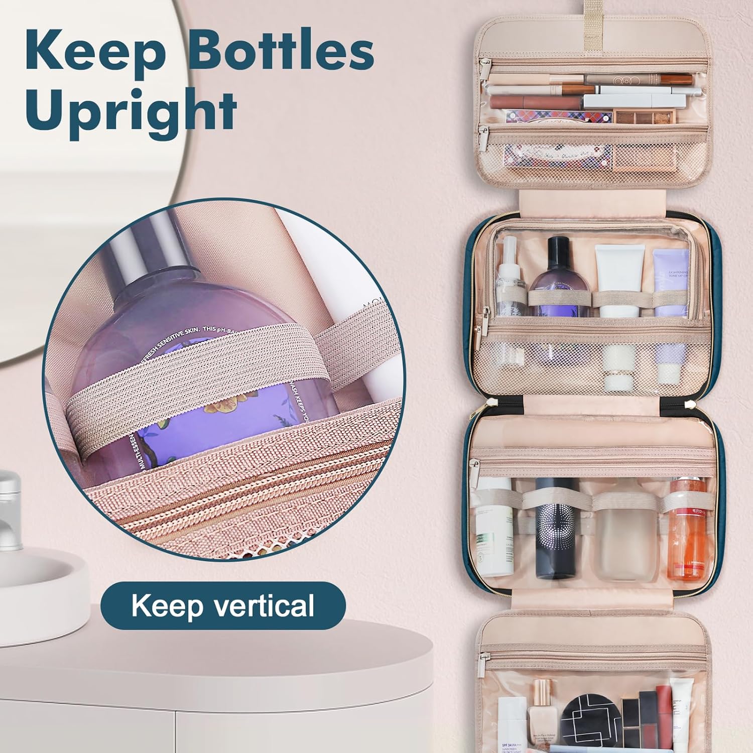 Wedama Neceser para mujer, bolsa de viaje grande para cosméticos, bolsa de aseo colgante para baño, bolsa de maquillaje impermeable de PVC grueso,