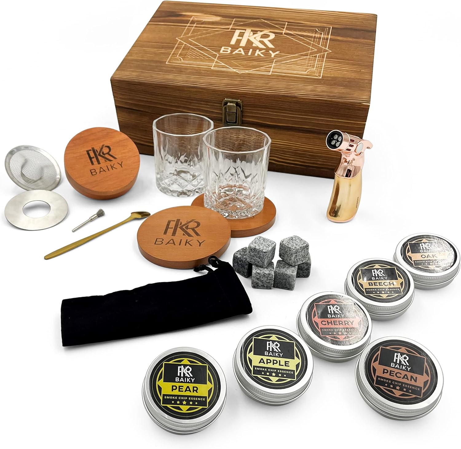 Kit de ahumador de cóctel con antorcha – Kit de ahumador antiguo – Gama de sabores – Versátil – 2 tazas de vidrio – 2 posavasos – Piedra de whisky –