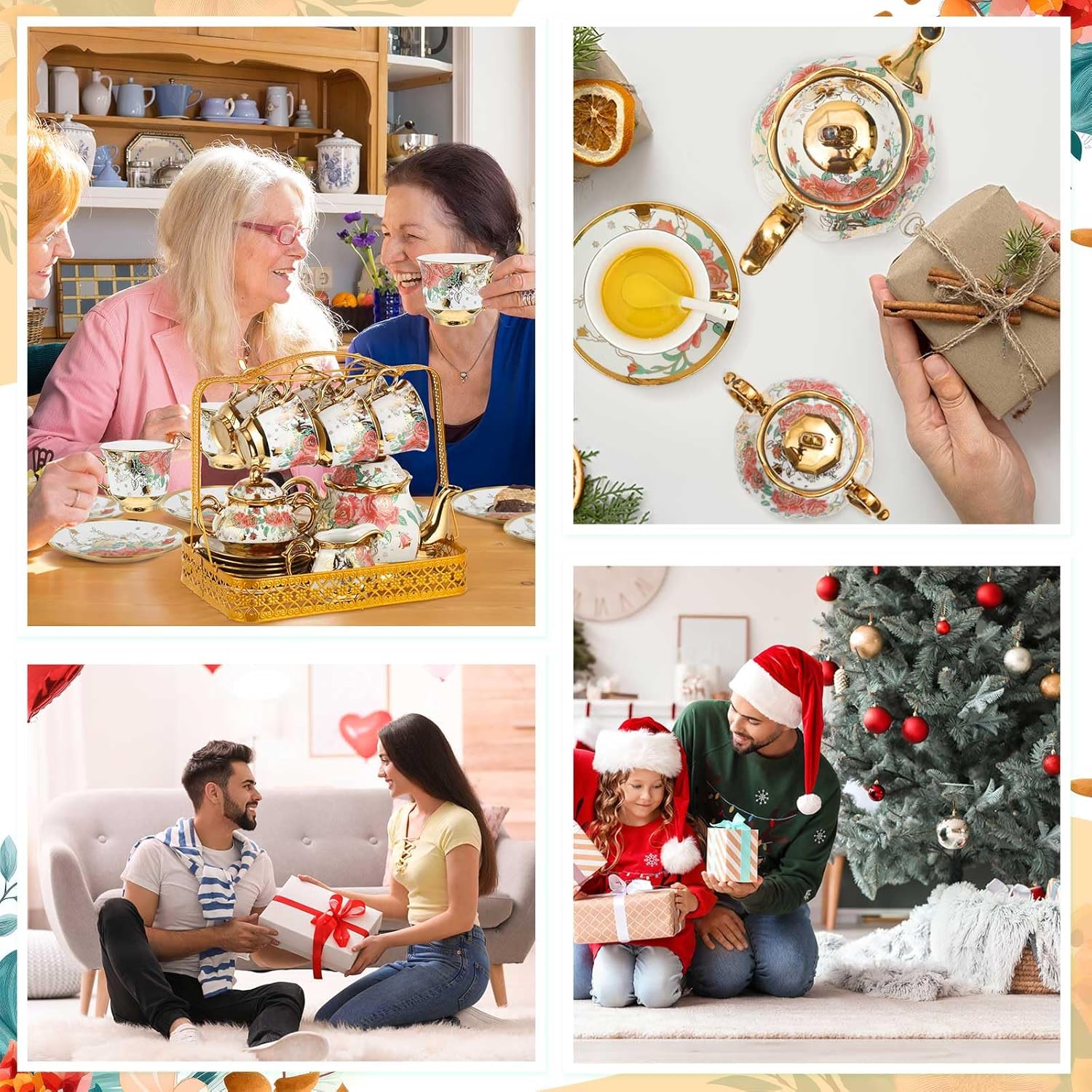 Juego de té de porcelana de Navidad para adultos, 22 piezas, regalo con soporte de metal, juego de té de cerámica europea, juego de té para adultos,