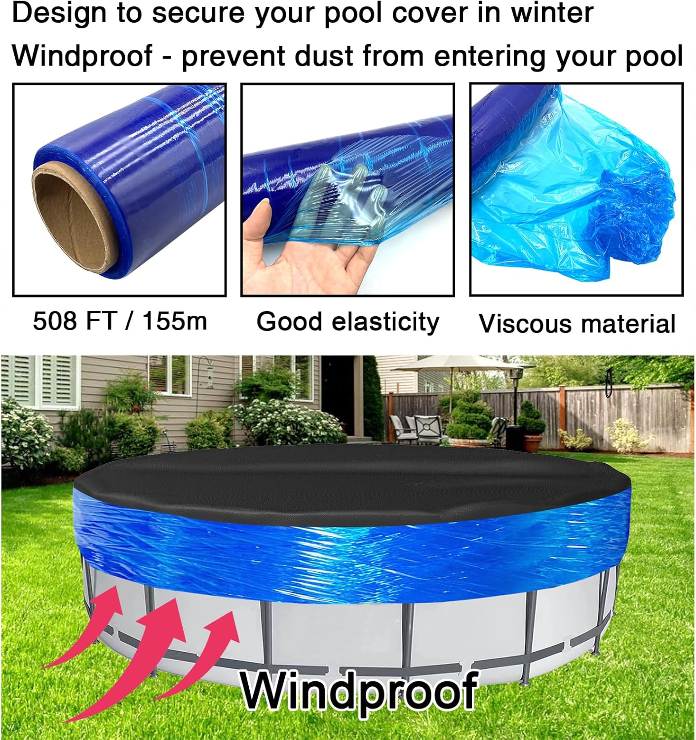 Cubierta de sellado de piscina de invierno de 500 pies para piscinas sobre el suelo, sellador de cubierta elástica a prueba de viento para mantener