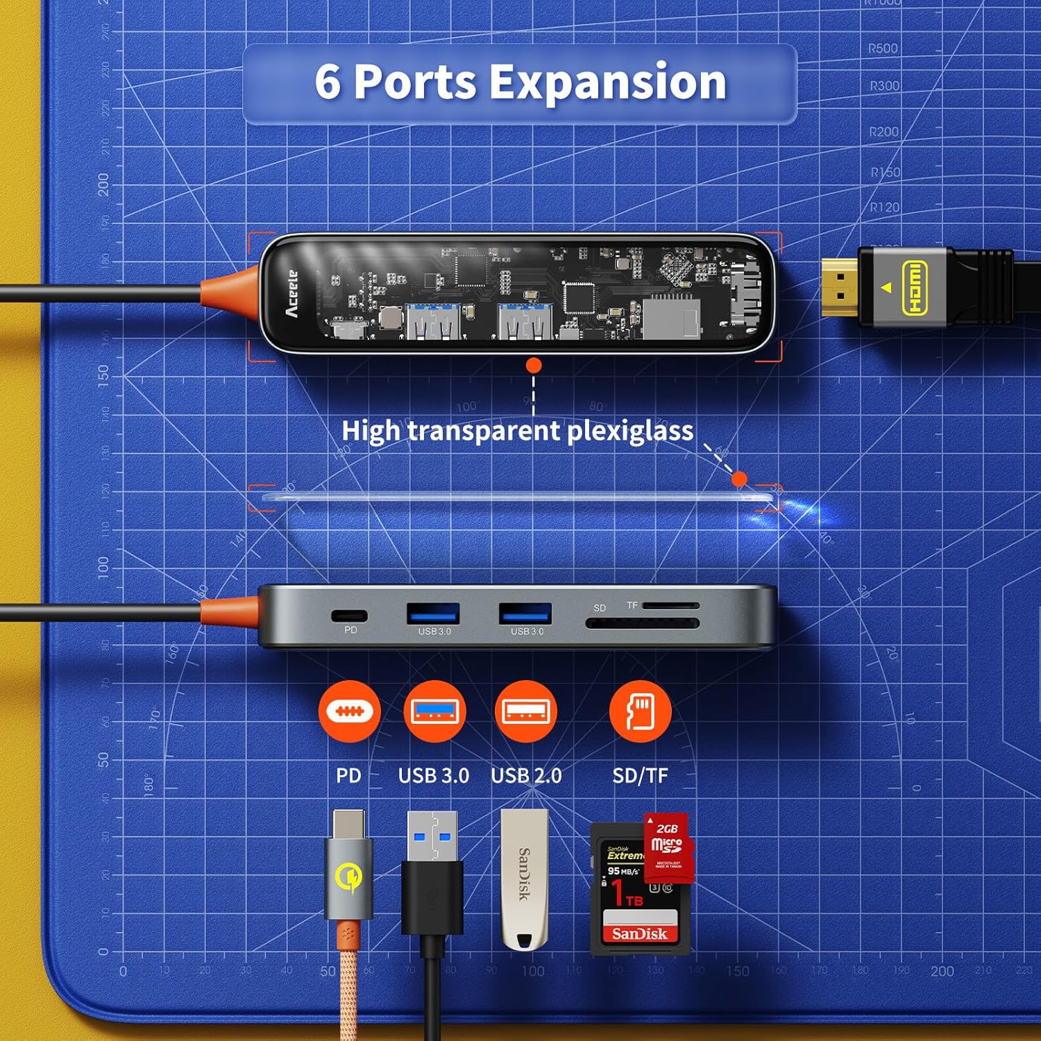 Aceele Hub USB C con HDMI 4K a 60Hz, 2 puertos de datos USB 3.0, lector de tarjetas SDTF y entrega de alimentación tipo C de 100 W, dongle USB C a