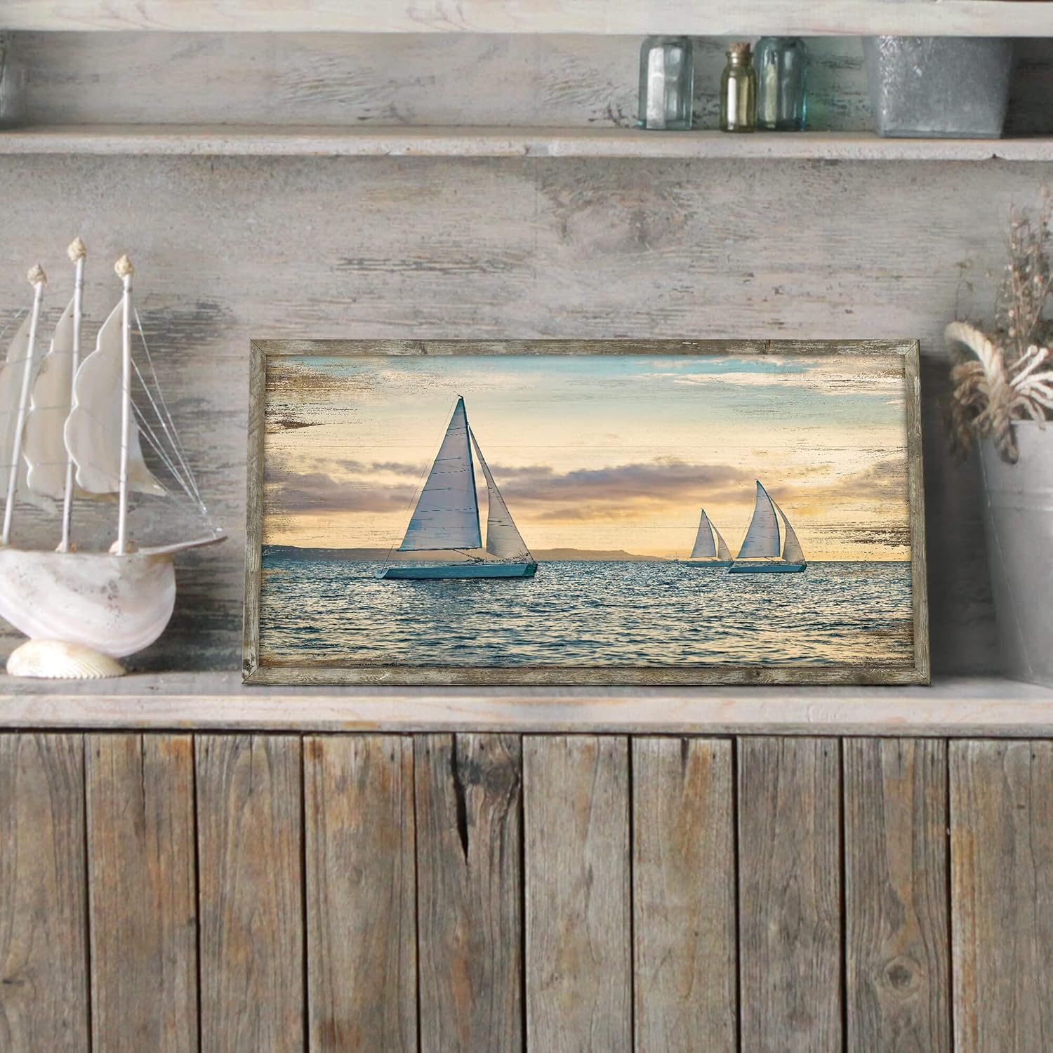 Arte de pared de madera enmarcada en la costa pintura del océano, barcos de vela, decoración de puesta de sol, paisaje marino, impresiones para