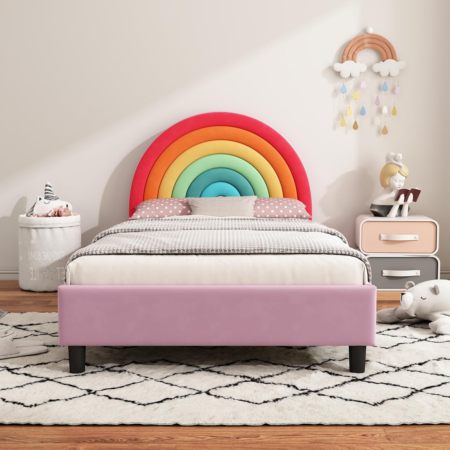SOFTSEA Marco de cama tamaño individual, marco de cama individual para niños, cama de plataforma tapizada tamaño individual con cabecera arcoíris,