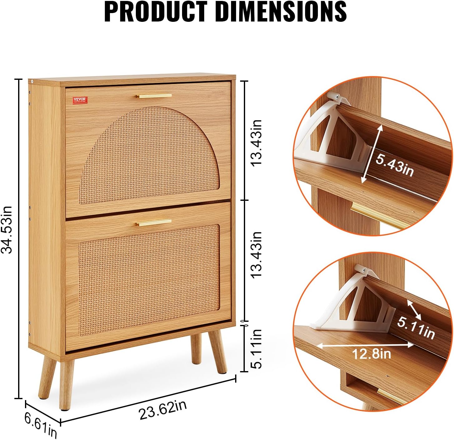 VEVOR Shoe Storage Cabinet for Entryway, 23.6″ D x 6.6″ W x 34.5″ H, Wood Color