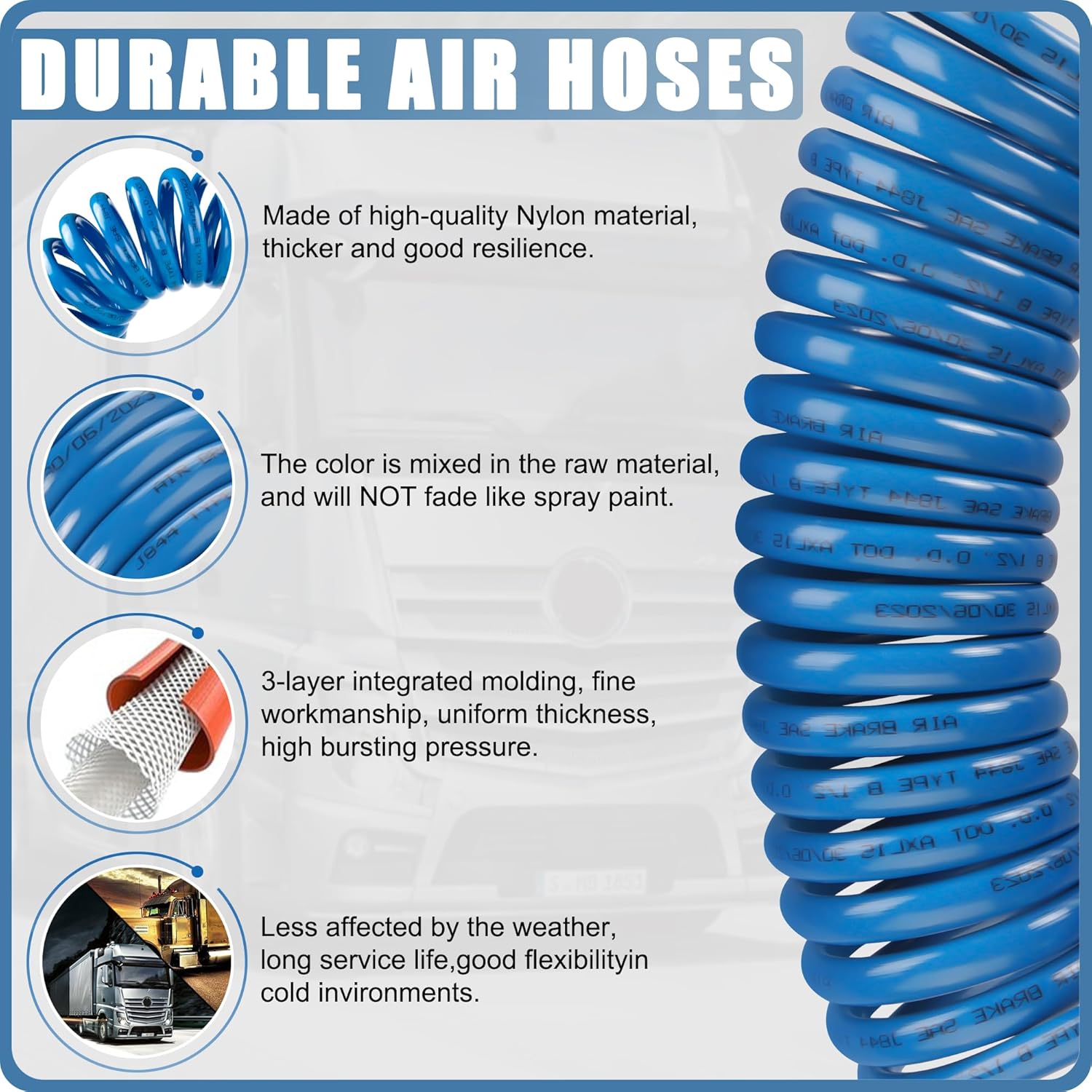 Juego de bobinas de manguera de freno de aire en espiral de 15 pies, mangueras de remolque para semirremolques, accesorios NPT DOT de 12 pulgada con