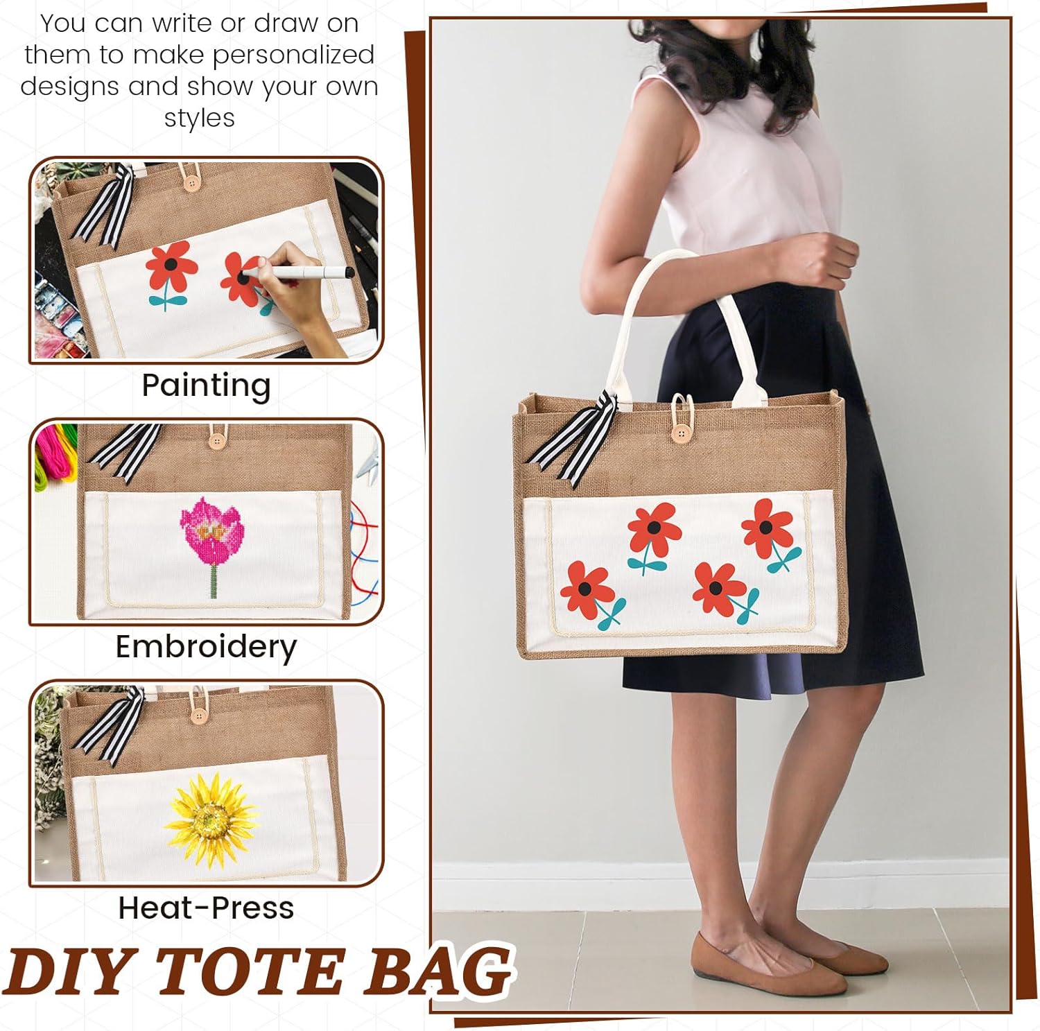 Chunful 4 bolsas de arpillera con asa, bolsa de regalo a granel para mujeres, bolsa de playa de lona de boda, bolsa de yute de arpillera, bolsa de