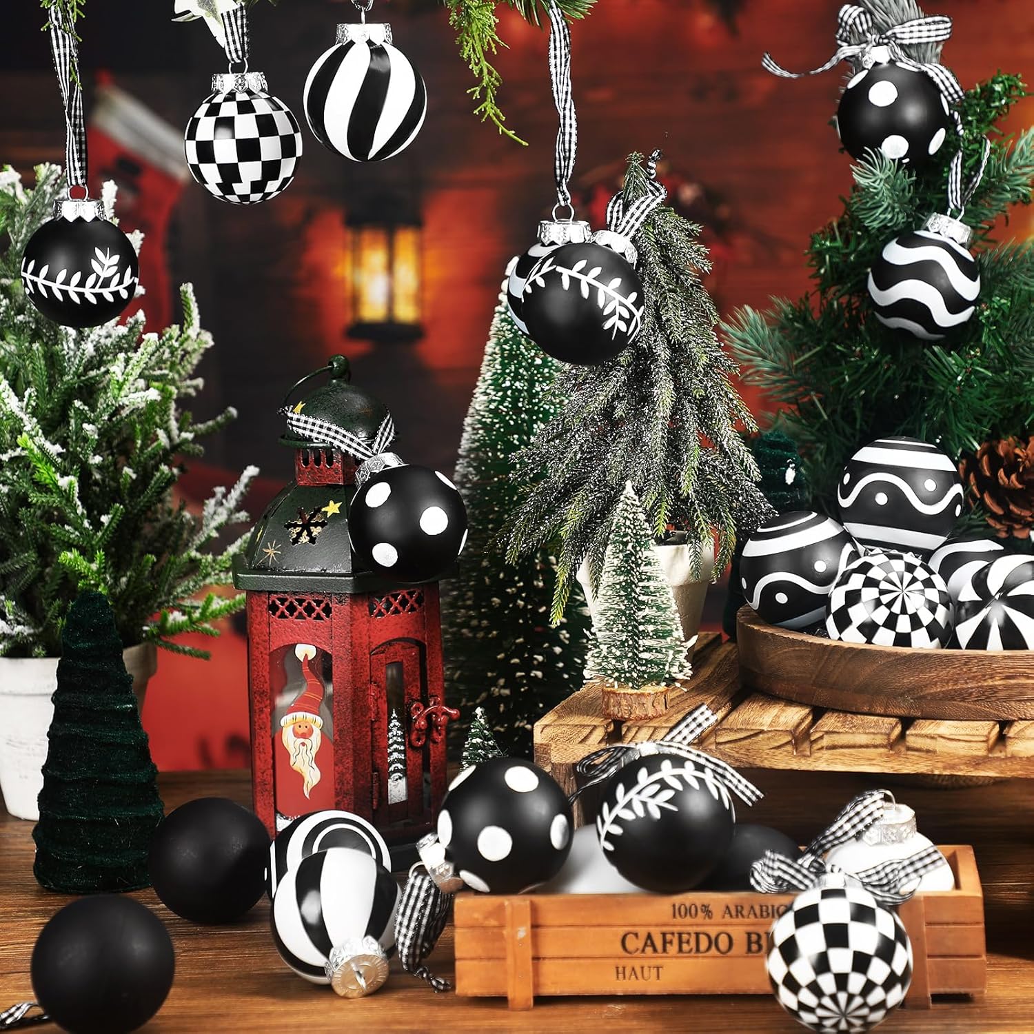 Adornos de bola de Navidad a rayas, lunares, búfalo a cuadros, bola colgante de plástico de 2.36 pulgadas, decoración de árbol de Navidad, bolas de