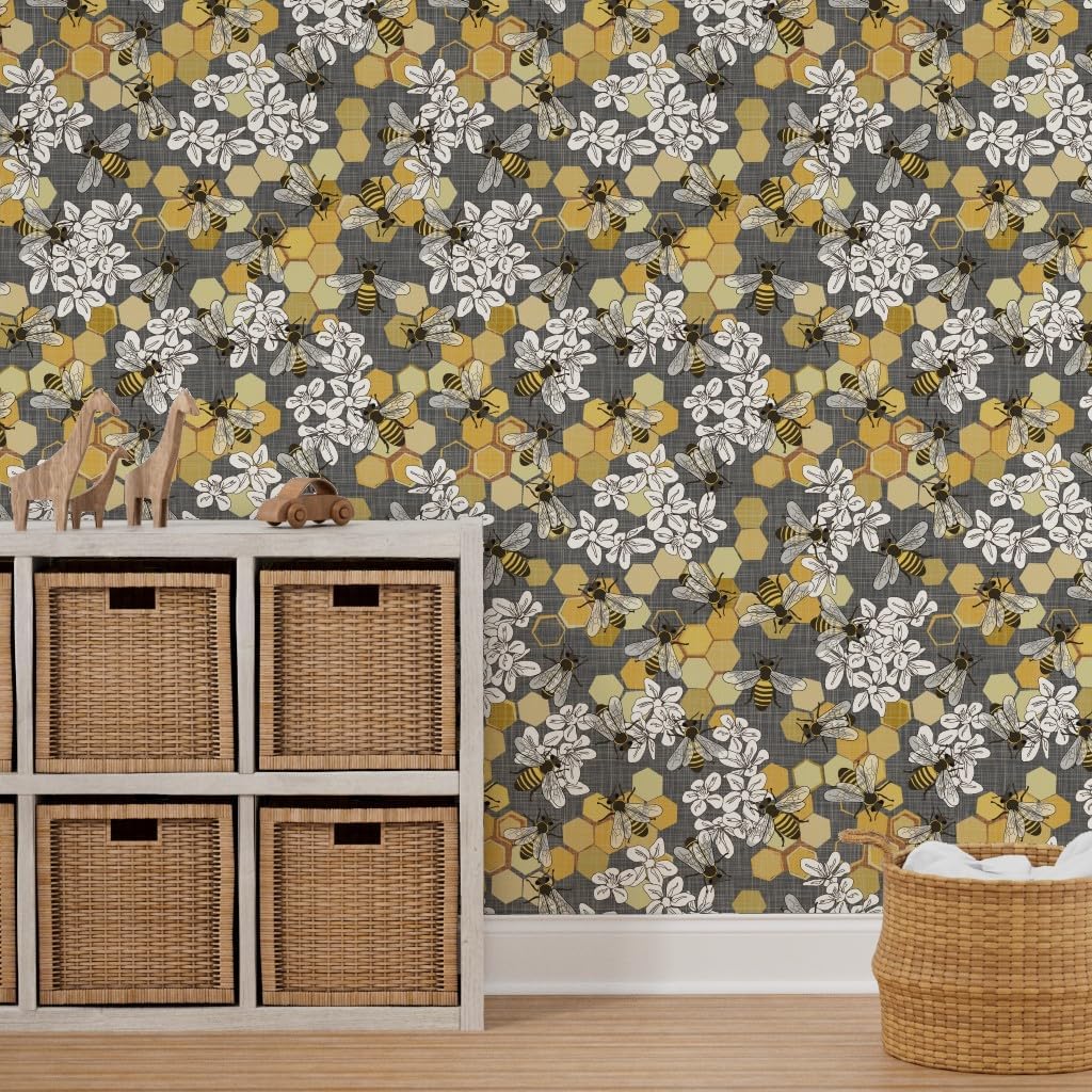 Spoonflower Papel tapiz autoadhesivo de 3 x 2 pies – Blanco Floral Naturaleza Insectos Amarillos Modernos Abejas Miel Gris Papel pintado extraíble