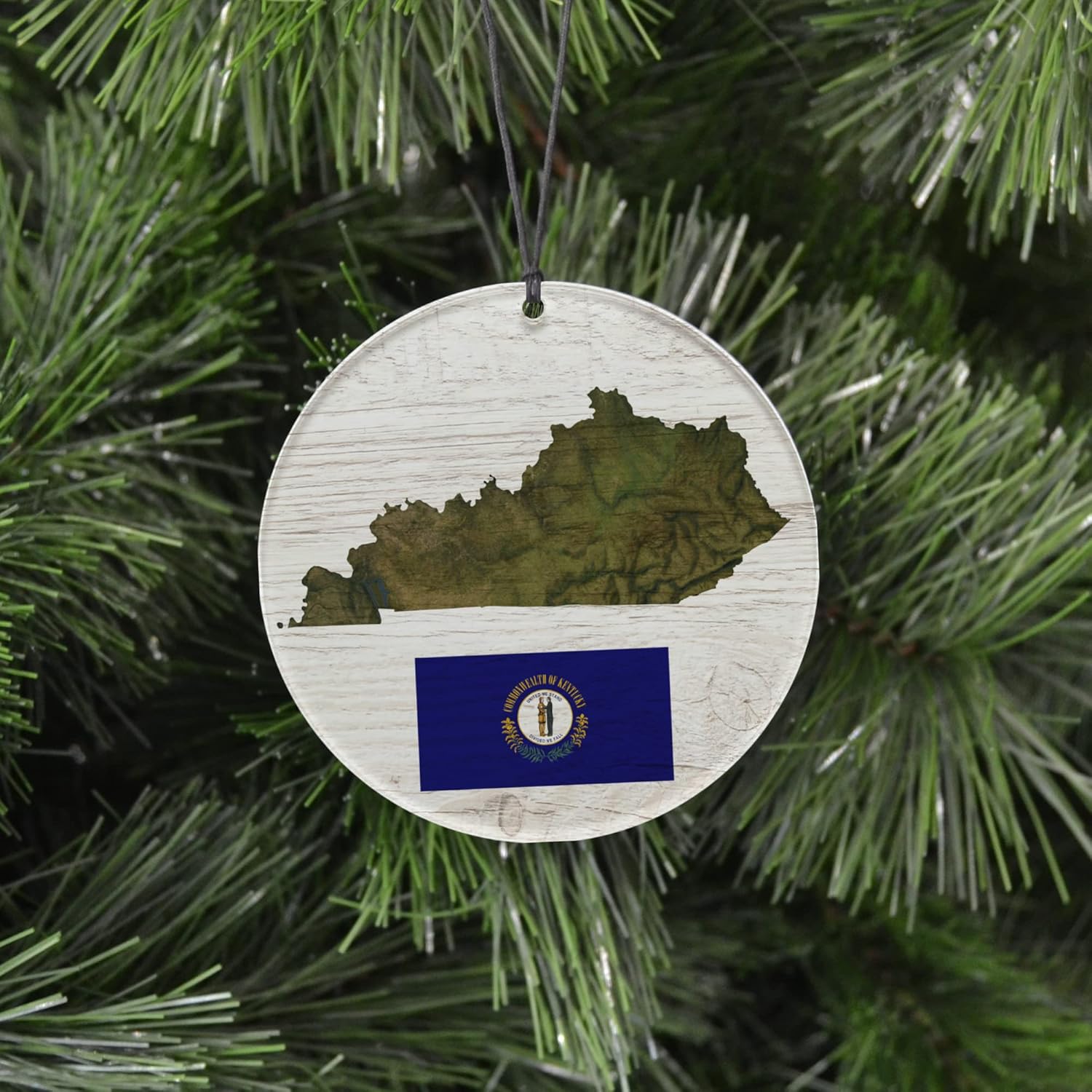 Kentucky Christmas Ornament – Rustic Style Featuring State Flag and Terrain Map – 2024 Acrylic Tree Decoration – Holiday Gift and Home Decor
