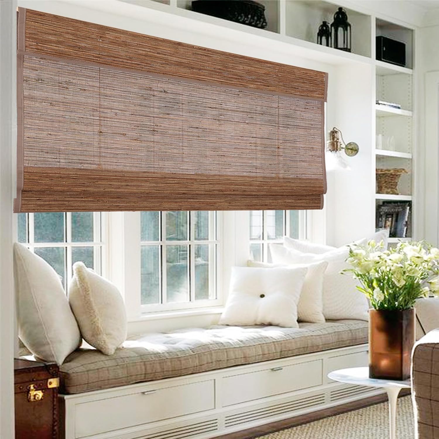 DEJAVU Persianas romanas de bambú para ventanas, persianas opacas de bambú sin cables, persianas romanas de bambú tejido natural personalizado para