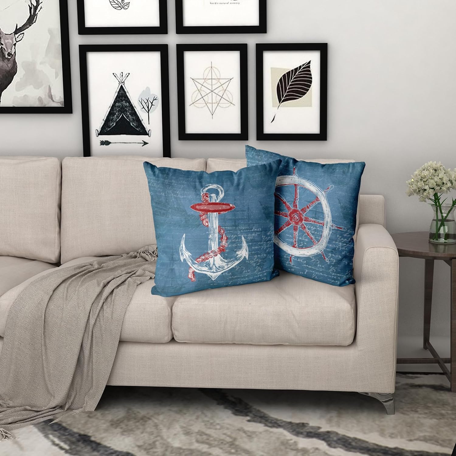 Juego de 2 fundas de almohada náuticas de color azul marino, juego de 2 fundas de cojín decorativas para exteriores, fundas de cojín decorativas