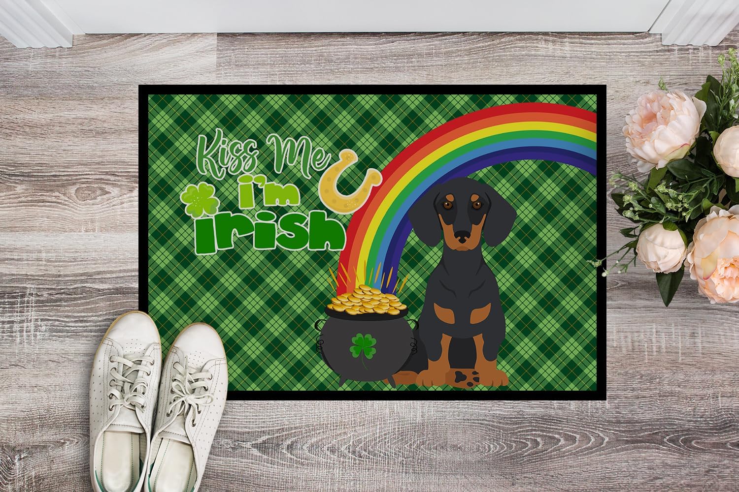 Caroline’s Treasures WDK4810JMAT – Tapete para puerta delantera de 24 x 36 pulgadas, diseño de perro salchicha, color negro y tostado, para entrada,