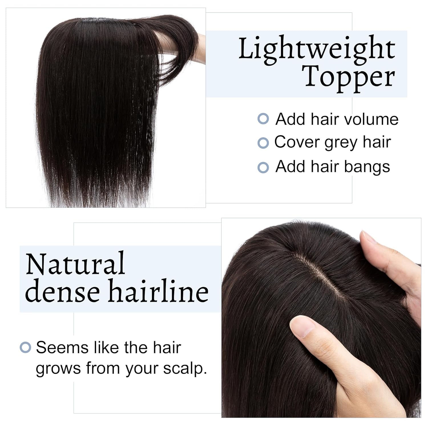 Toppers para el cabello para mujer, cabello humano real con flequillo, base de seda, 150 % de densidad, extensiones de cabello con clip, piezas de