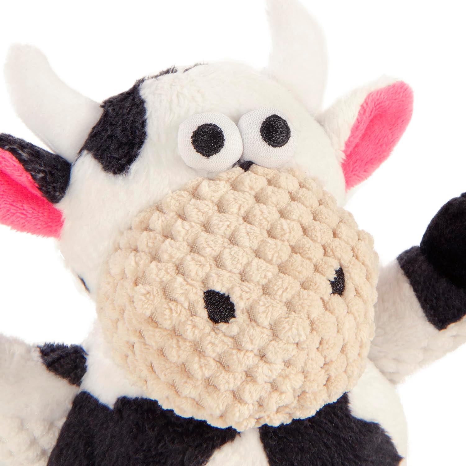 goDog Juguete chirriante de peluche para perro de vaca sentada, tecnología Chew Guard, color blanco, pequeño