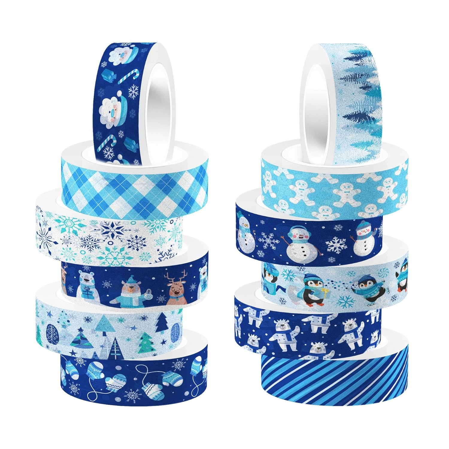 12 rollos de cinta Washi de Navidad de invierno, muñeco de nieve, muñeco de nieve, hombre de jengibre, cinta adhesiva decorativa de animales azules