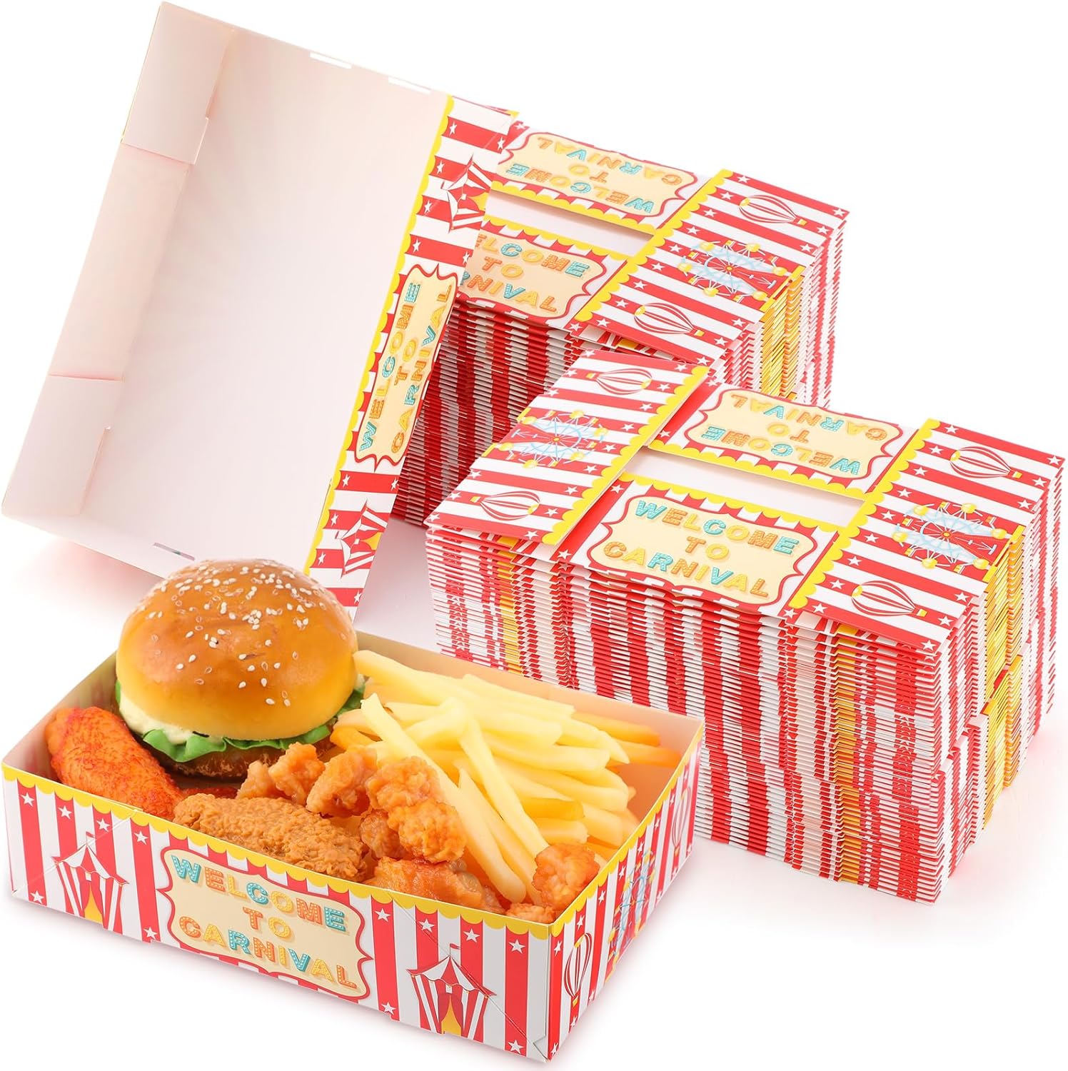 Patelai Juego de 100 bandejas de comida de carnaval de 3 libras, juego de bandejas de comida de papel de 4 esquinas, caja de comida de cartón