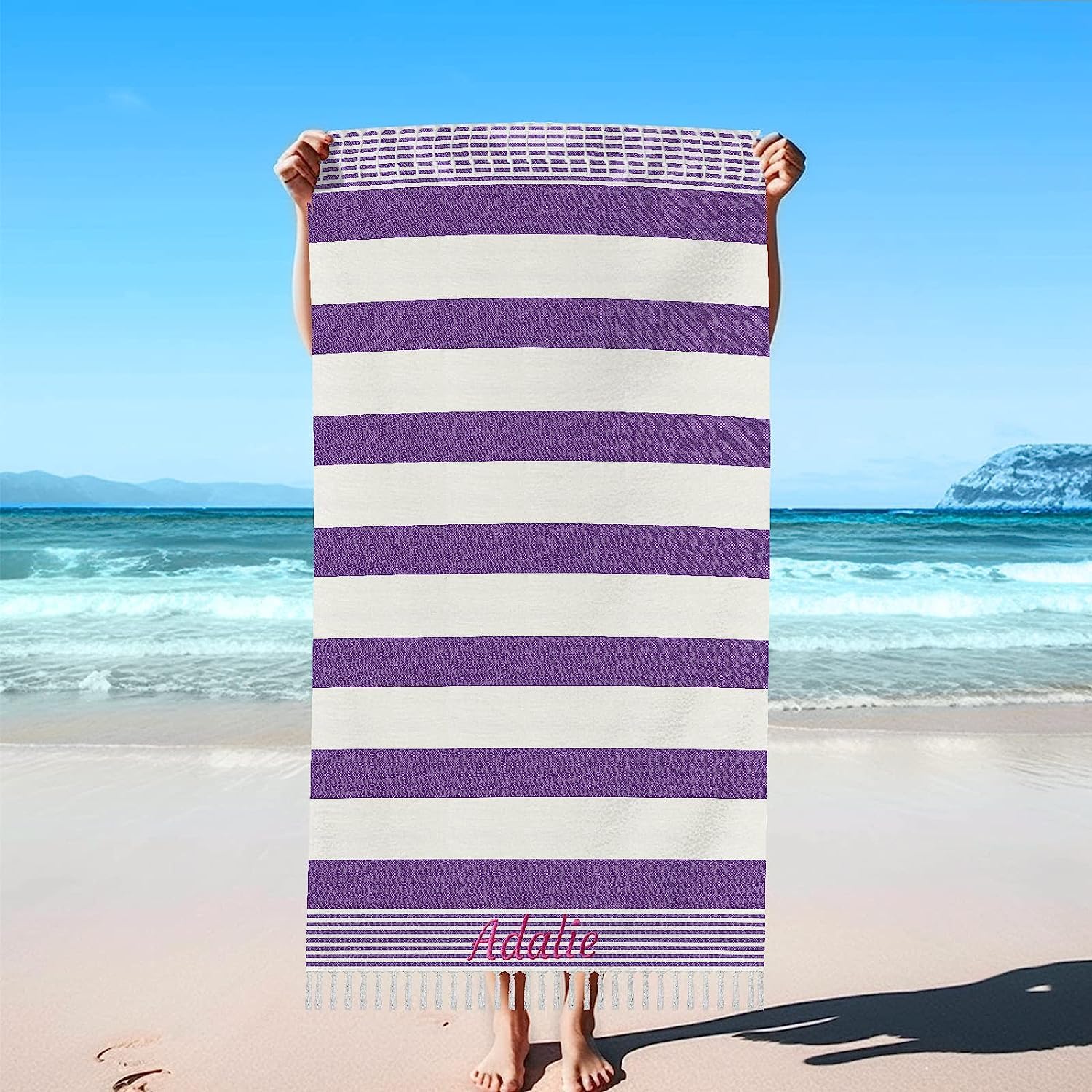 WOWTIFY Toalla de playa turca personalizada con nombre bordado, inicial, ultrafina y sin arena, para vacaciones de verano, regalo de cumpleaños de