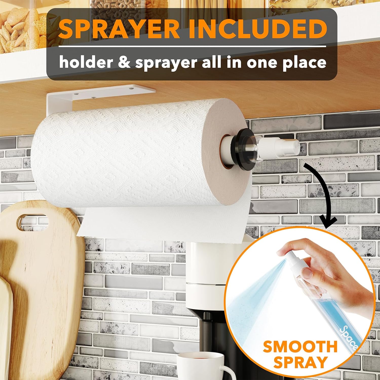 SpaceAid SprayNeat – Soporte para toallas de papel con botella de spray, soporte para toallas de papel debajo del gabinete con rociador en el centro