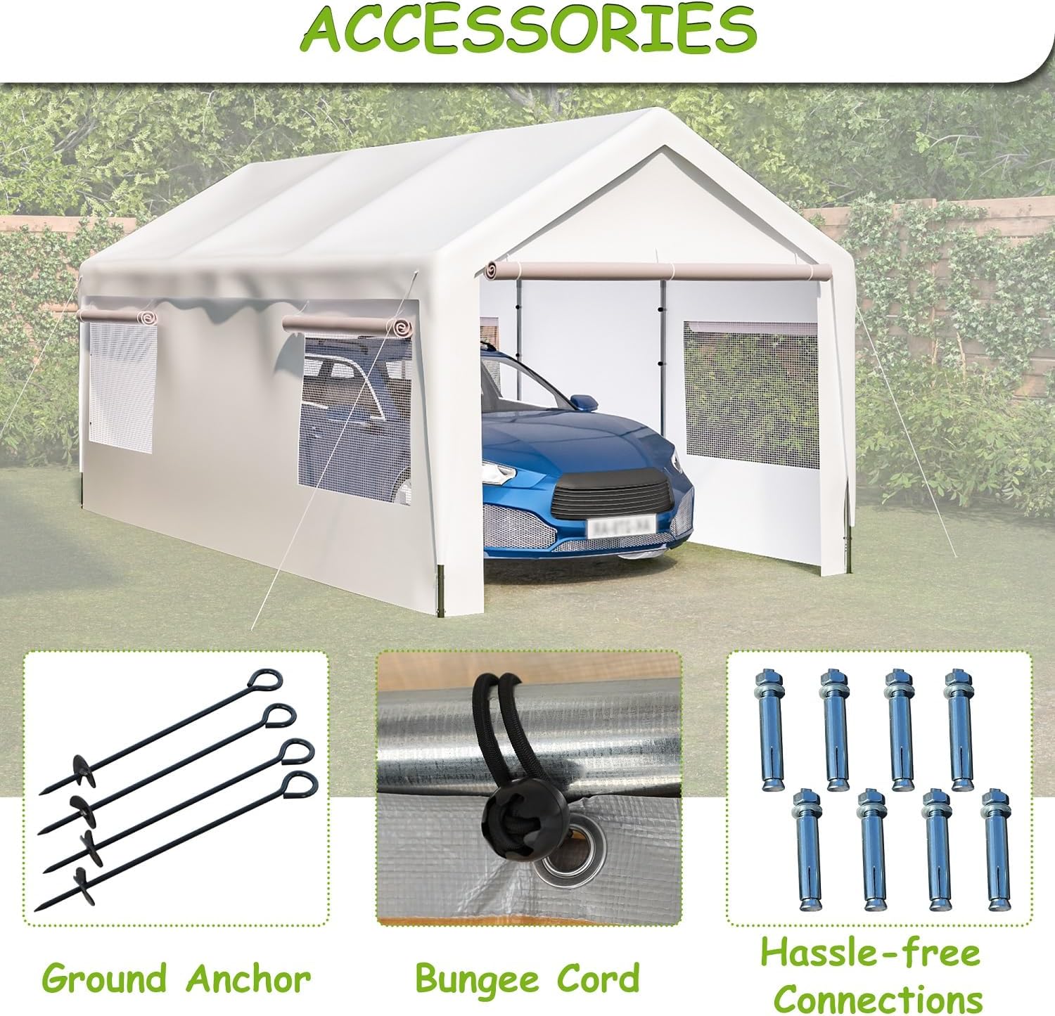 Carport, toldo resistente de 10 x 20 pies con paredes laterales y puertas extraíbles, garaje portátil con ventanas enrollables ventiladas refugio de