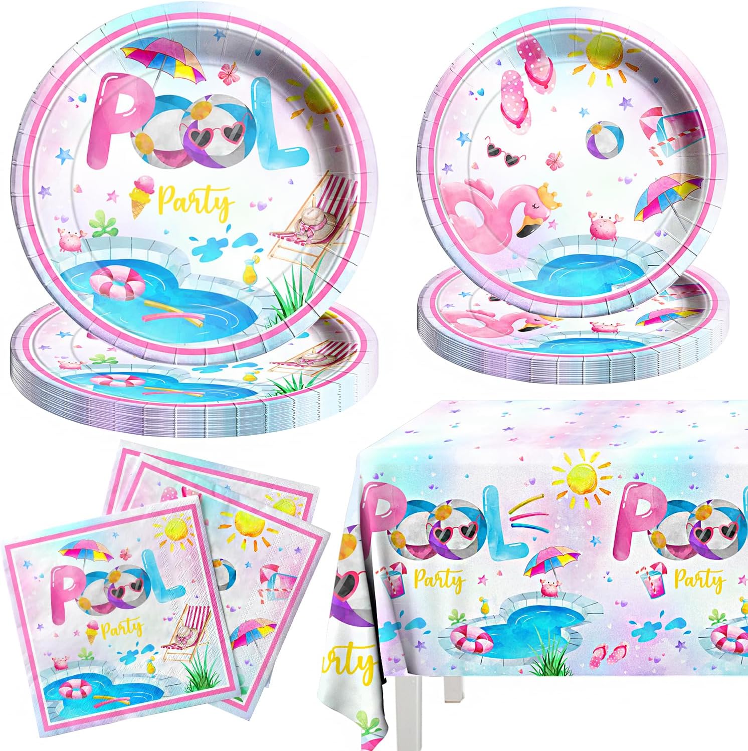 Suministros para fiestas en la piscina, decoración de mesa de cumpleaños rosa para piscina, platos de fiesta de verano, servilletas temáticas de