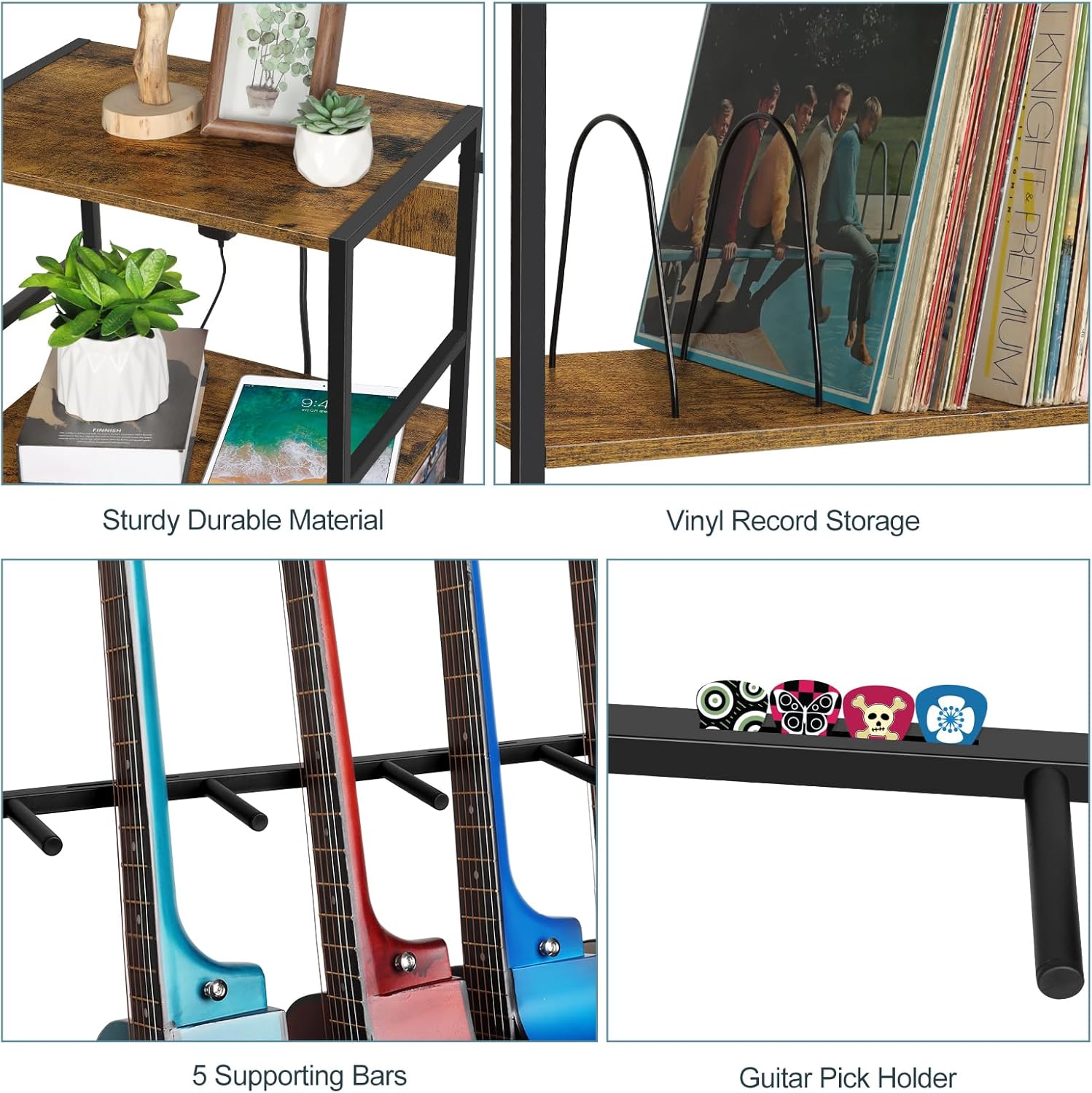 OYEAL Soporte para guitarra eléctrica con almacenamiento de discos de vinilo, soporte para múltiples guitarras con estación de carga para acústico,