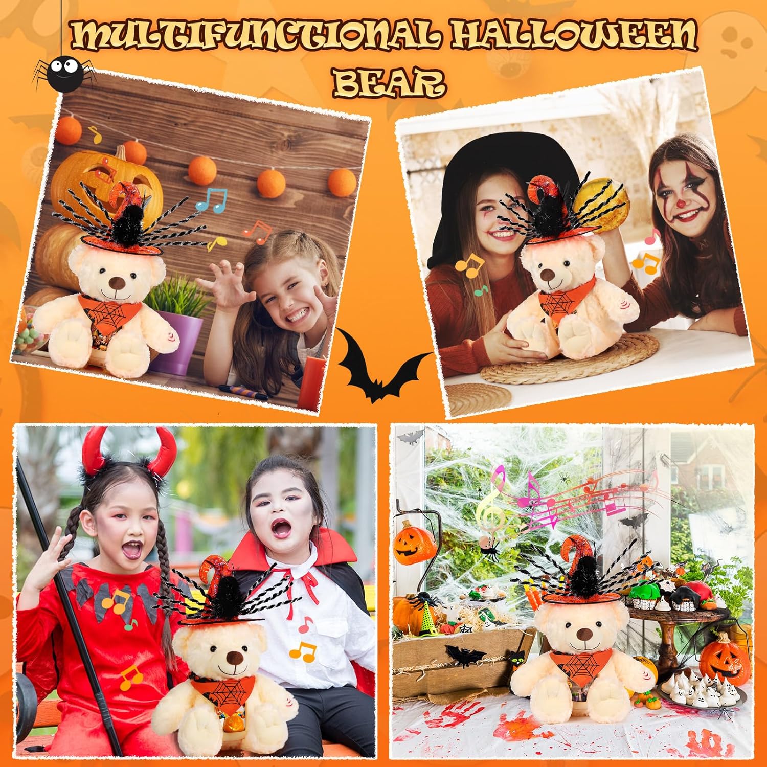 Juego de animales de peluche de oso de Halloween con grabadora de voz, lindo oso de Halloween de 12 pulgadas con sombrero de grabadora de voz y