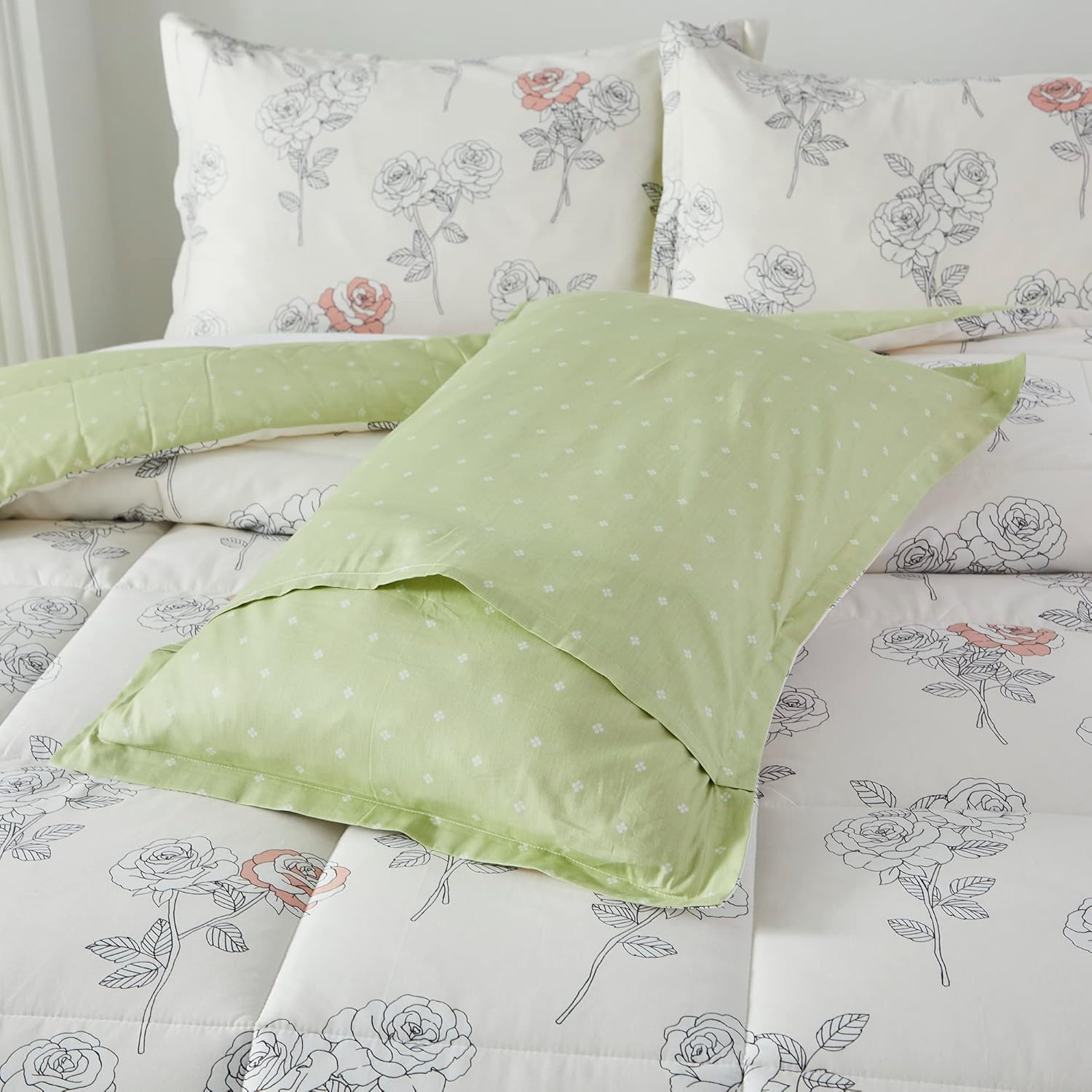 Lemfux Juego de edredón de 3 piezas, 100 % algodón, estampado floral, elegante, blanco, verde, reversible, con plumón alternativo, edredón ligero