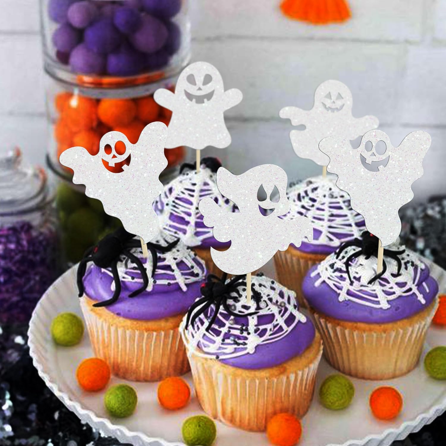 Gyufise 24 adornos de Halloween para cupcakes de fantasma, purpurina blanca, espeluznante, Halloween, baby shower, decoración para Halloween,