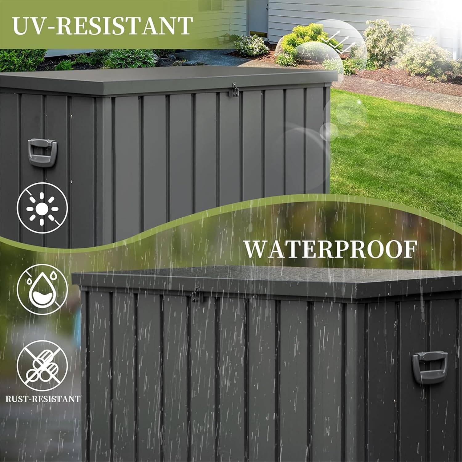 WIIS’ IDEA Caja de almacenamiento de 150 galones, caja de almacenamiento resistente al agua para exteriores, contenedor de almacenamiento grande con