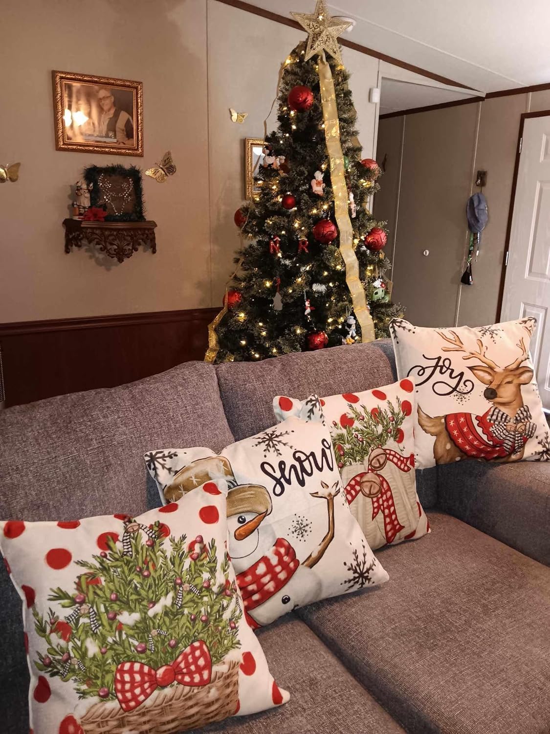 LITIVY Juego de 4 fundas de almohada decorativas para decoración de Navidad, decoración del hogar para sofá (árbol de Navidad, muñeco de nieve,