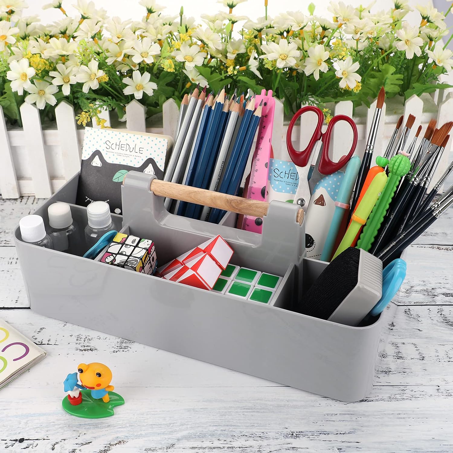 BTSKY Organizador de almacenamiento portátil de plástico apilable, organizador de almacenamiento dividido para manualidades con mango de madera para