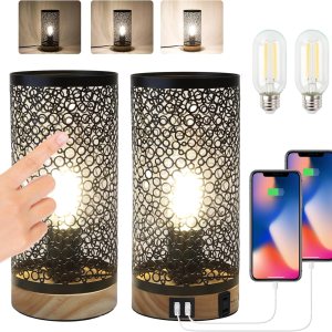 Juego de 2 lámparas de mesa con control táctil, lámparas de mesita de noche regulables con puerto USB y salidas de CA, lámparas industriales de Juego de 2 lámparas de mesa con control táctil, lámparas de mesita de noche regulables con puerto USB y salidas de CA, lámparas industriales de