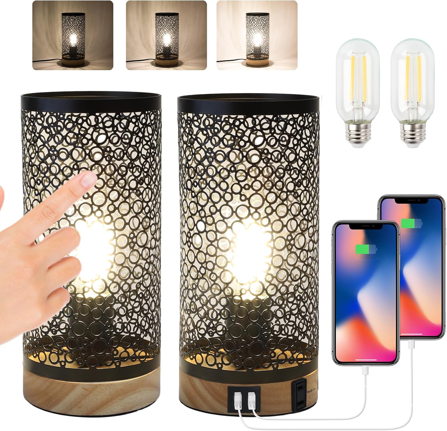 Juego de 2 lámparas de mesa con control táctil, lámparas de mesita de noche regulables con puerto USB y salidas de CA, lámparas industriales de