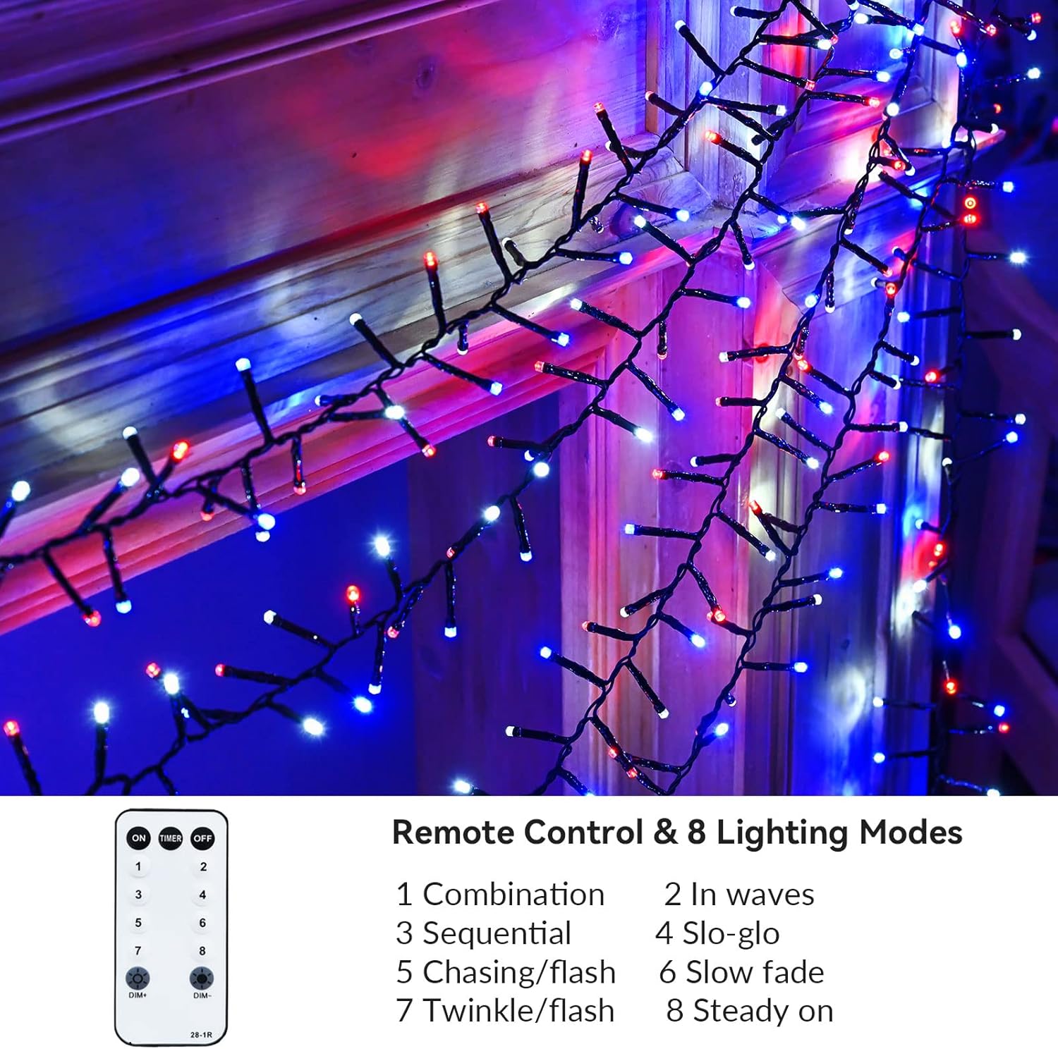 Tira de luces LED rojas, blancas y azules, 400 LED, 19.7 pies, 8 modos, impermeable, para interiores y exteriores, 4 de julio, Día de la