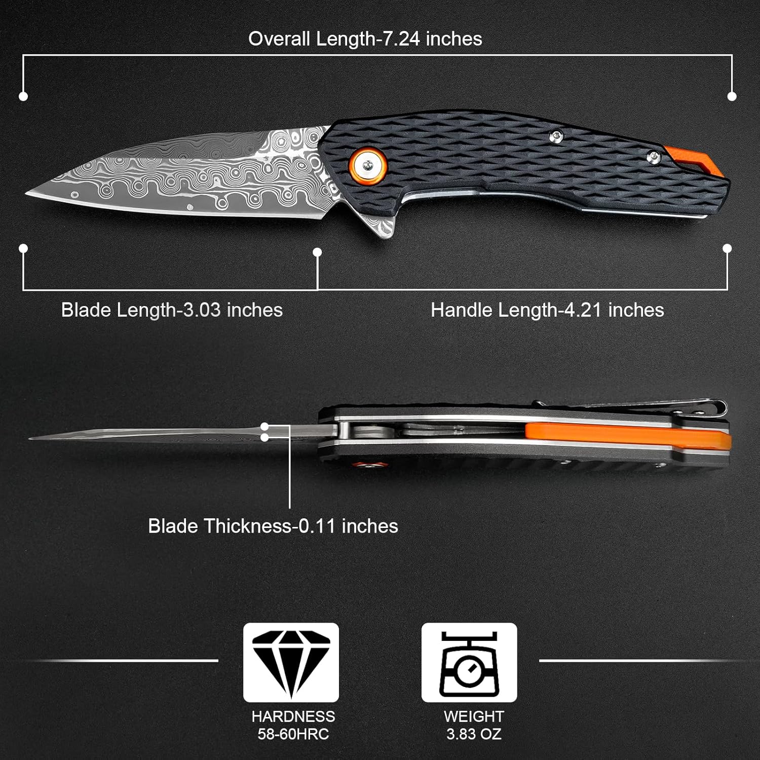 Zingbee Cuchillo de bolsillo de damasco, asas de aluminio negro, 3.03 pulgadas, cuchillos plegables de hoja de damasco para caza, pesca, camping,