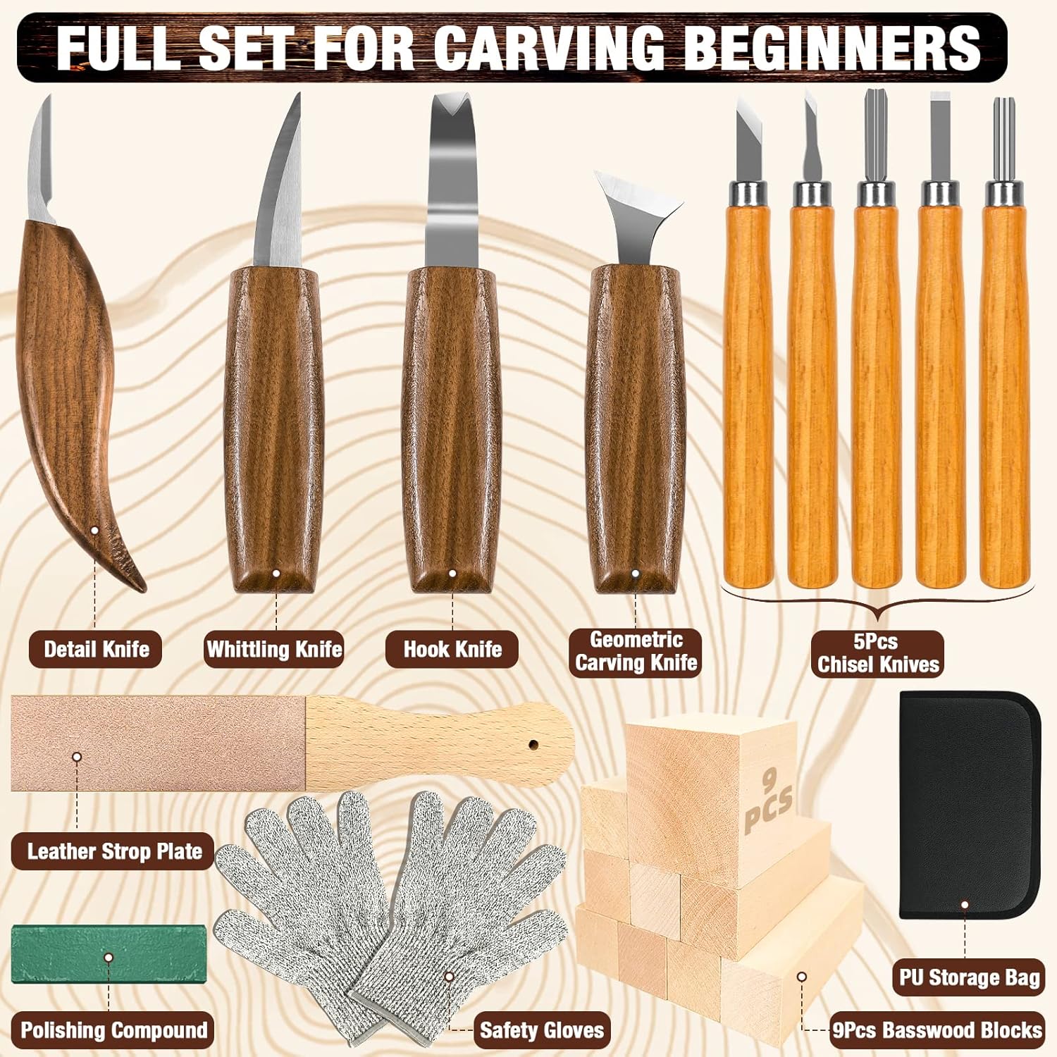 Kit de tallado de madera, 23 piezas de herramienta de tallado de madera con 4 cuchillos de tallado de madera y 5 cuchillos de detalle, 9 bloques de