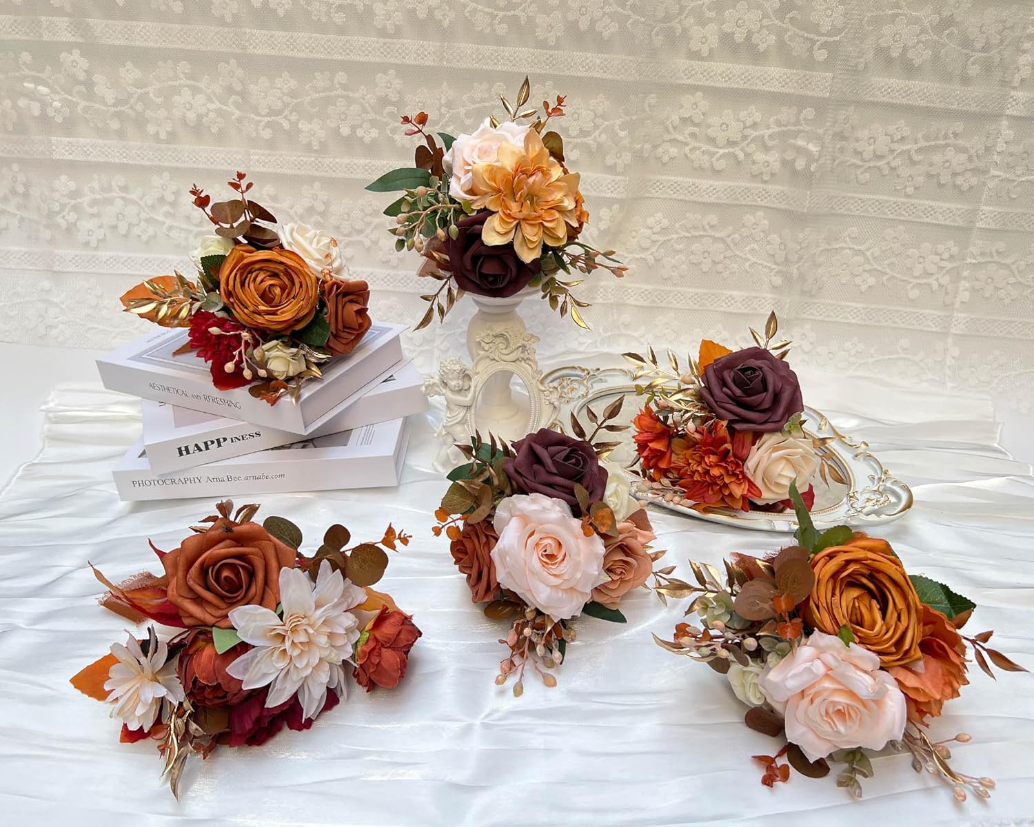 CherishedMoments Juego de 6 centros de mesa de flores surtidas, mini flores florales para decoración de mesa de boda de otoño, ramos de naranja