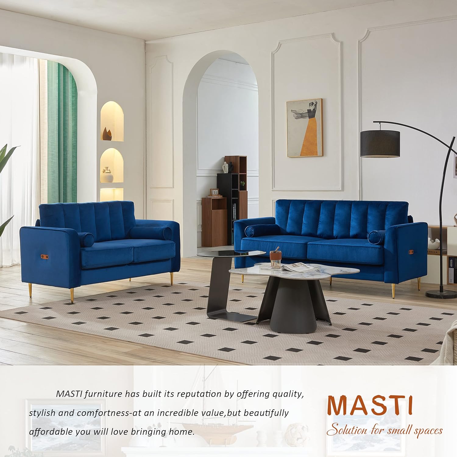 MASTI Sofá biplaza de terciopelo azul de 59 pulgadas para espacios pequeños, muebles modernos con patas doradas y dos almohadas de cojín adecuado