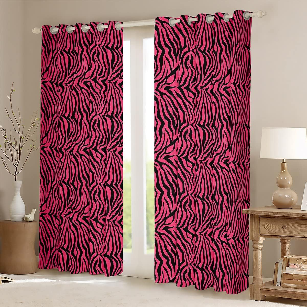 Cortinas de ventana rosa y negro para dormitorio, sala de estar, cortinas de rayas de cebra, cortinas de ventana con estampado de animales de safari