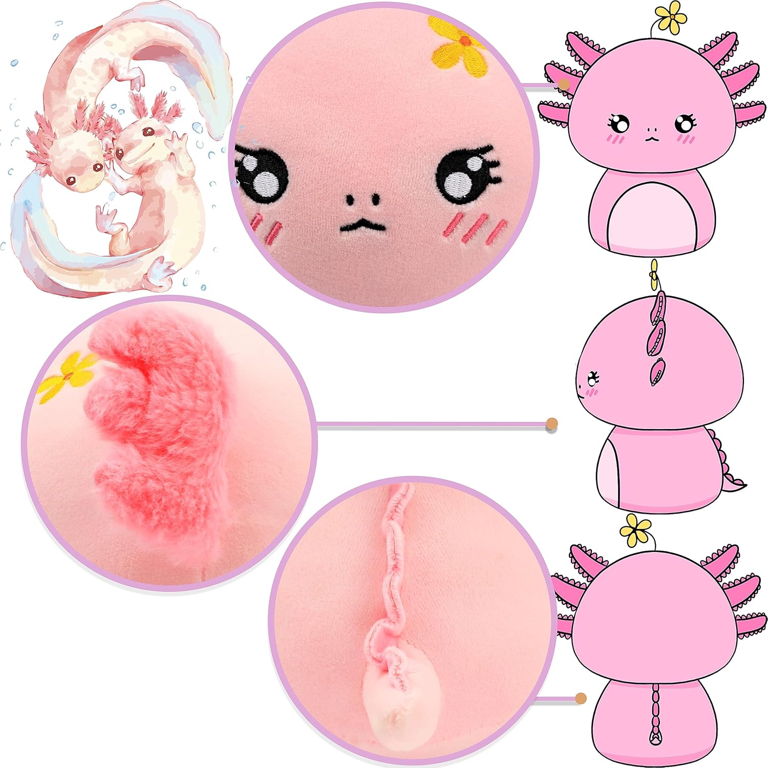 Cuteoy Almohada de ajolote de peluche de hongo, diseño de flor y ajolote, juguetes de peluche, muñecas suaves y lindas, regalos para niños pequeños,