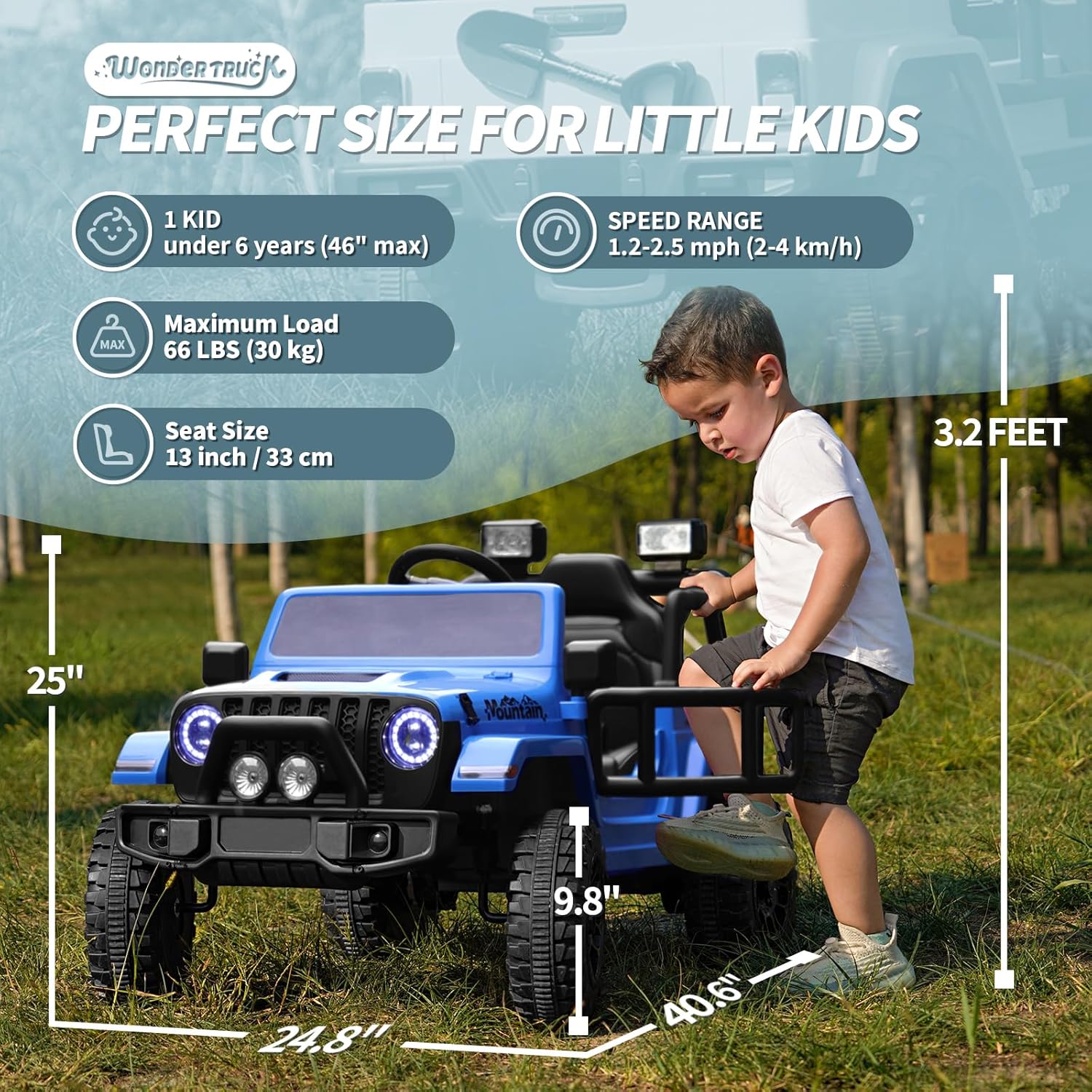 Joywhale Vehículo eléctrico motorizado para niños de 12 V, con control remoto, suspensión de 4 ruedas, luces LED, música y FM, cinturón de