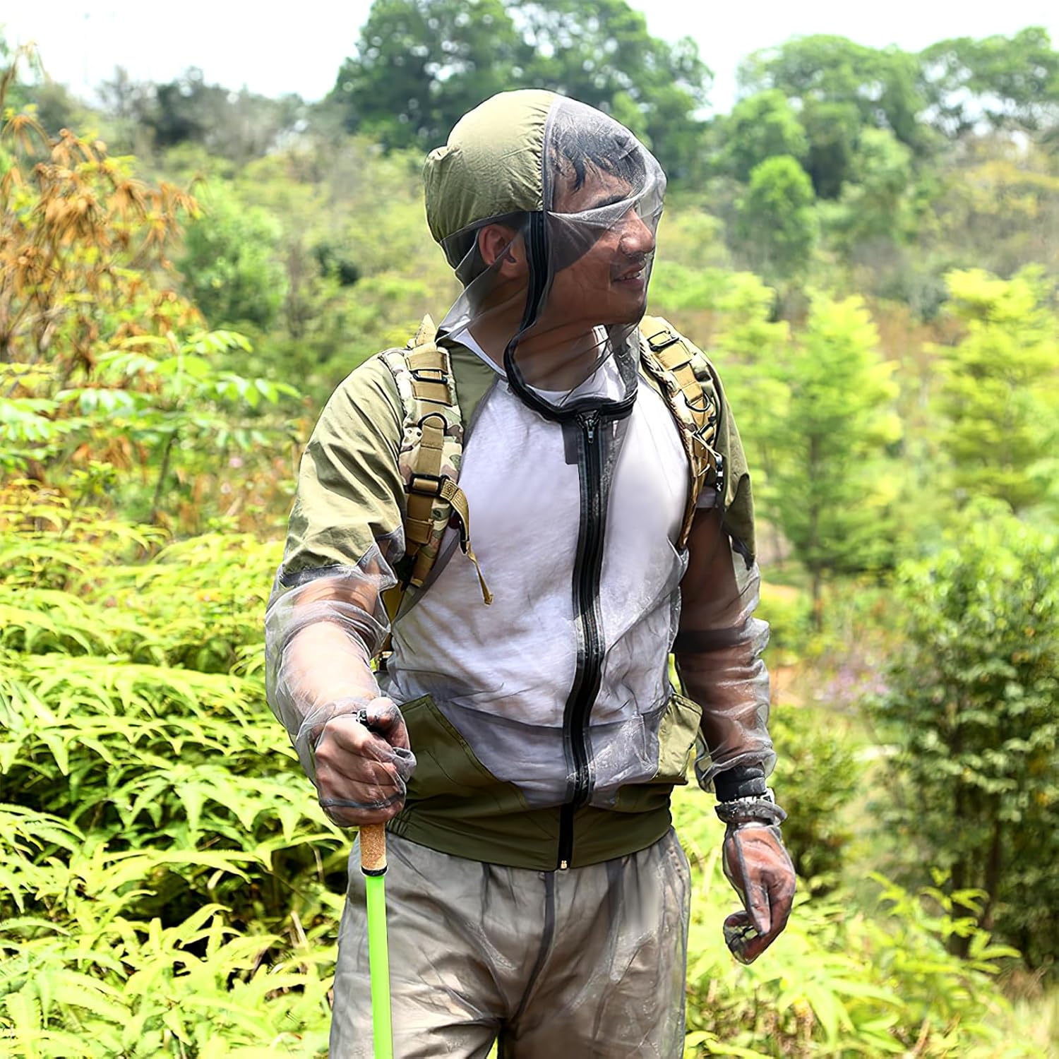 BESPORTBLE Traje de mosquito profesional para exteriores, 1 juego de chaqueta de malla transpirable con capucha y pantalones, protección de red para