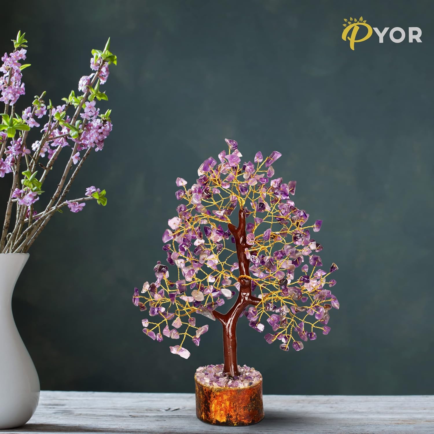 PYOR Cristales de amatista, árbol artificial, árboles de dinero, cristales y piedras, decoración de escritorio para mujer, decoración de Feng Shui,