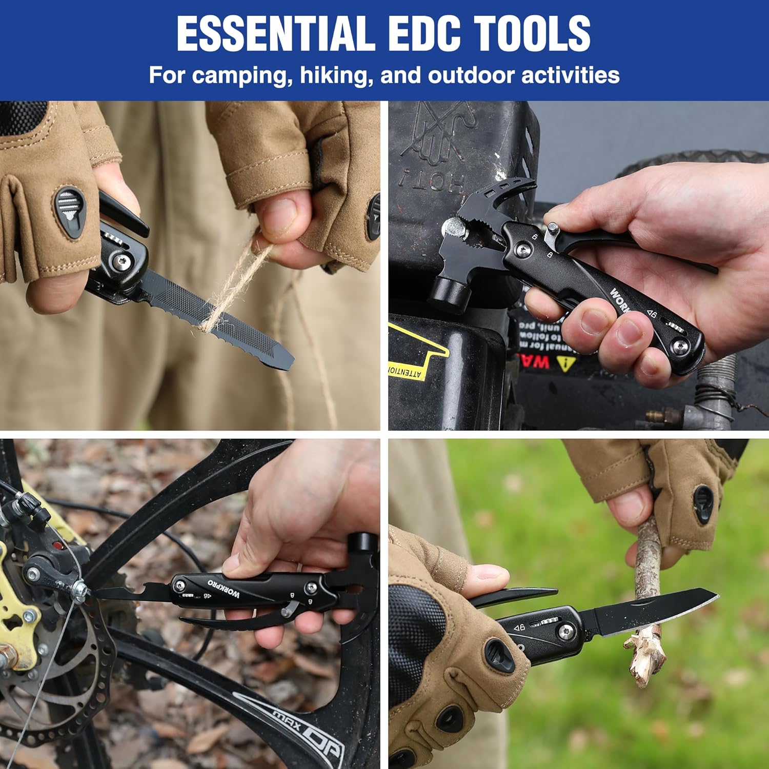 WORKPRO Multitool-Herramientas de camping 12 en 1 con mini martillo-EDC Gear Multi Herramientas Martillo con bloqueo de seguridad y bolsa, Mini