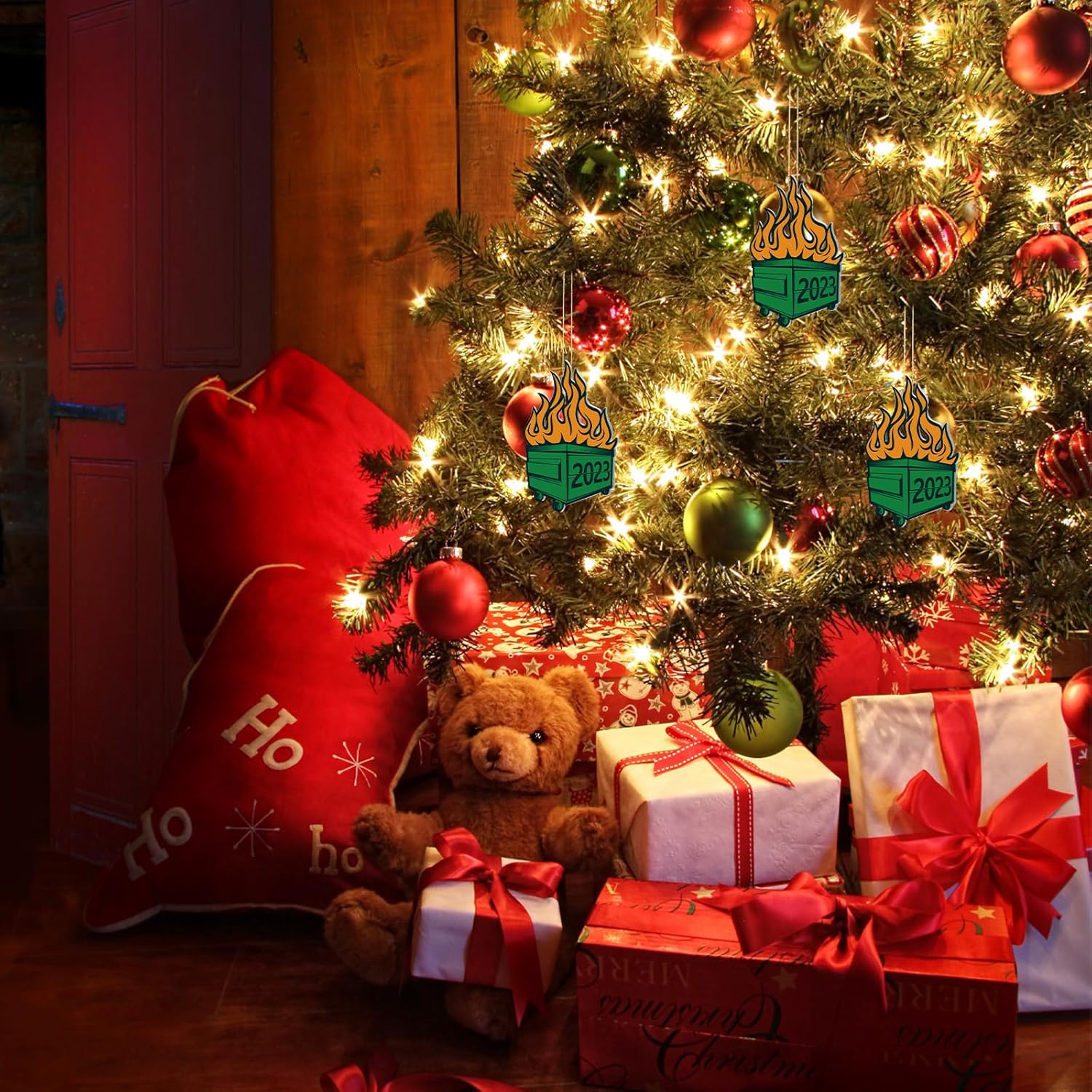 9 piezas de adornos de basurero de Navidad para árbol de Navidad, decoraciones colgantes de doble cara de Navidad con cuerdas doradas