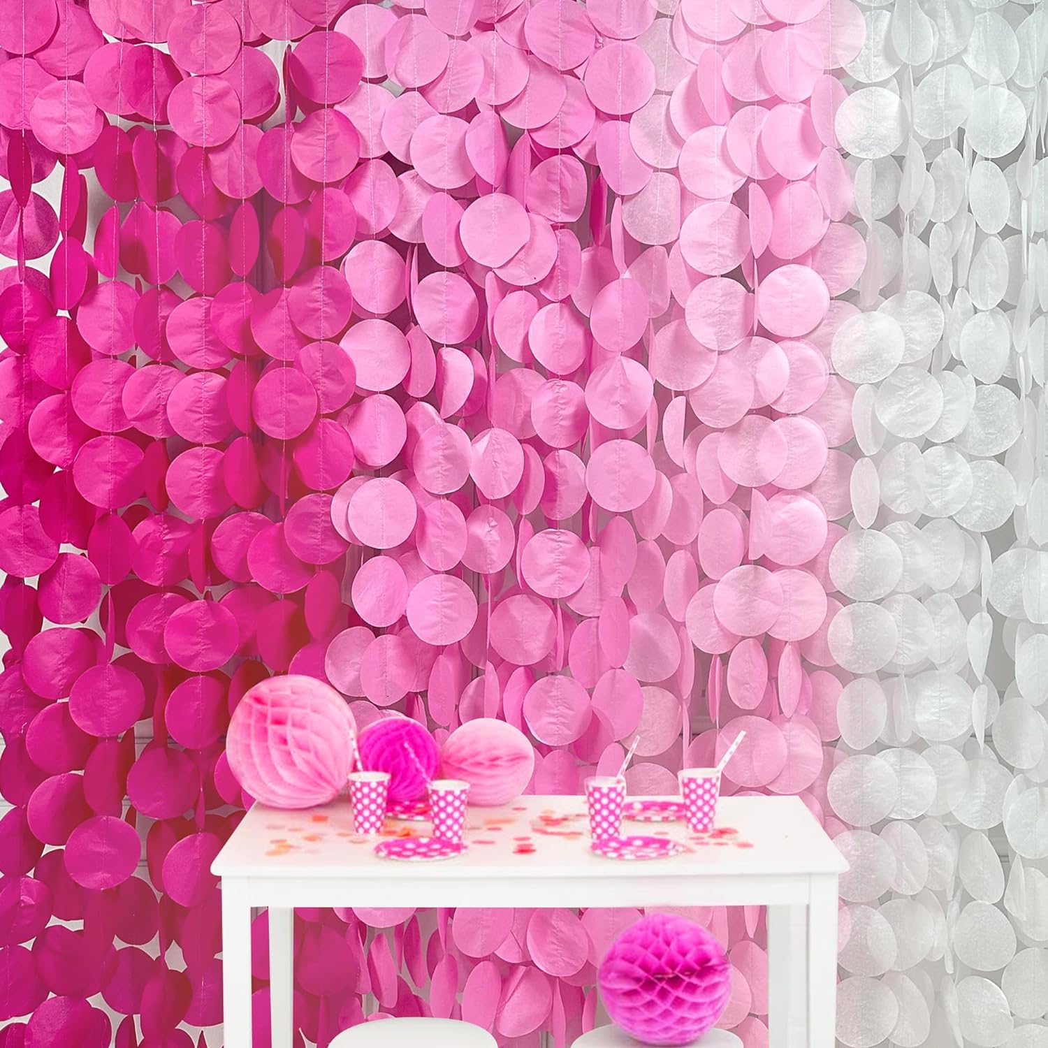 Decoraciones de fiesta de color rosa intenso de 205 pies, guirnalda de telón de fondo de lunares grandes, guirnalda de círculos rosados con lunares