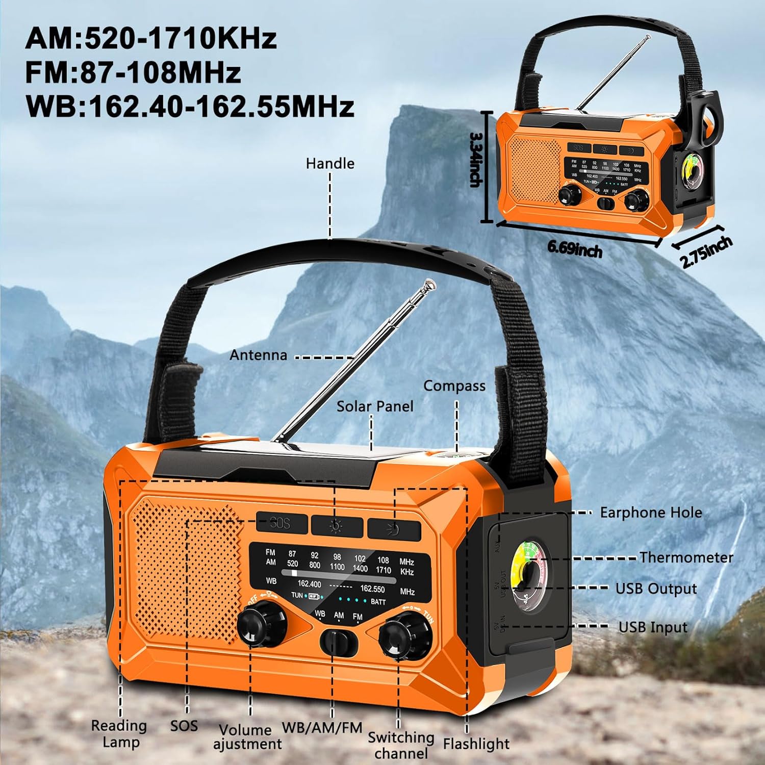 Radio meteorológica de emergencia de 10000 mAh con carga solar, manivela y carga tipo C, radio portátil AMFMNOAA, linterna LED, brújula de lámpara