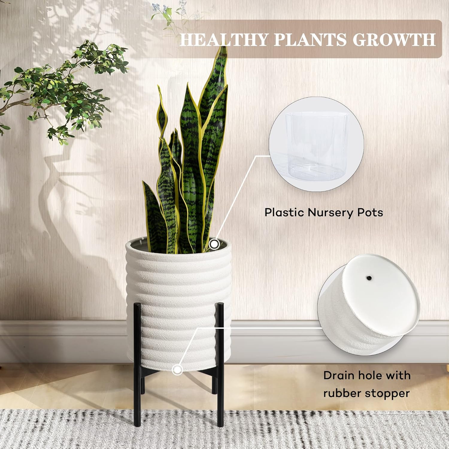 Oakrain Macetas de mediados de siglo para plantas de interior, juego de 2, macetas decorativas modernas de metal para sala de estar, oficina, jardín